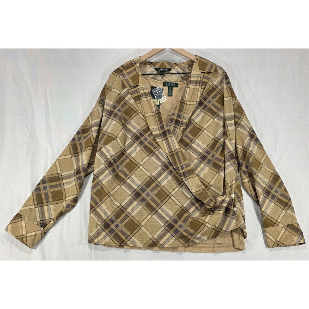 Lauren Ralph Lauren Plaid Faux-Wrap Blouse in Tan and Brown